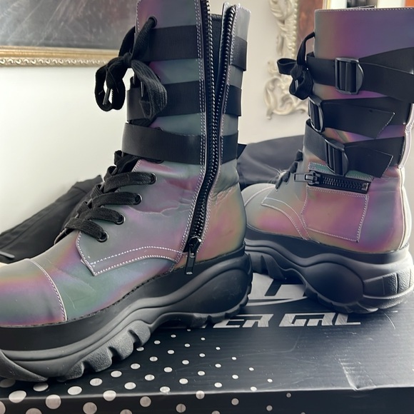 Iridescent Combat Boots with Buckle Straps - Picture 2 of 3
